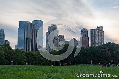 Skyscrapers seen from turf level from Central Park - zoomed in somewhat Editorial Stock Photo