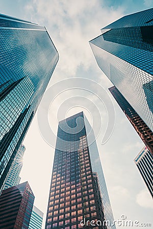 Skyscrapers in the downtown City of Los Angeles. Business District. Low-angle view of tall modern buildings with a cloudy sky in Editorial Stock Photo