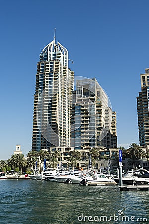 Skyscrapers and leisureboats Dubai Marina Editorial Stock Photo