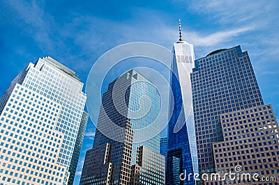 Skyscrapers rising up to sky on Lower Manhattan, including the Freedom Tower Editorial Stock Photo