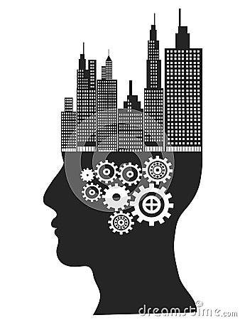 Skyscrapers stand on human head Vector Illustration