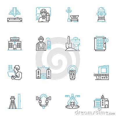 Skyscraping block linear icons set. Towering, High-rise, Urban, Impressive, Majestic, Monumental, Elevating line vector Vector Illustration
