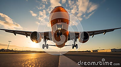 Skyward View of Airplane Landing at Dusk with Gleaming Metal Surfaces and Wingtip Lights. Generative Ai Stock Photo