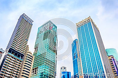 Skyward view of Singapore skyscrapers Stock Photo