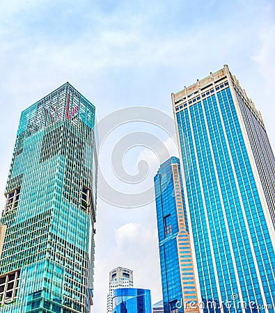 Skyward view of Singapore skyscrapers Stock Photo