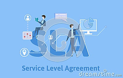 SLA, Service Level Agreement. Concept table with keywords, letters and icons. Colored flat vector illustration on blue Vector Illustration