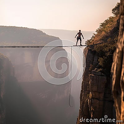 Slackliner balancing on a rope photo realistic illustration - Generative AI. Cartoon Illustration