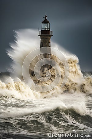 sland Guardianship: Lighthouse Braving the Storm to Safeguard Mariners Amidst the Roaring Seas, ai generative Stock Photo