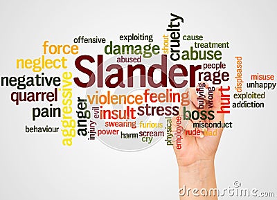 Slander word cloud and hand with marker concept Stock Photo