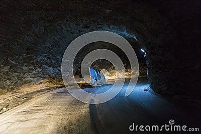 Cars driving into a tunnel from Slanic Prahova salt pan Editorial Stock Photo