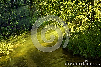 Slanted sunrays over running river in forest Stock Photo
