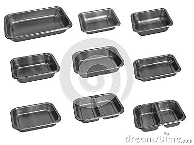 Slanted view different types of baking trays isolated on white background - trays food - microwave trays - black trays Stock Photo