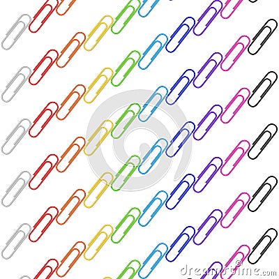 Slanting Lines of Colorful Paperclips on White Backdrop. Vector Illustration