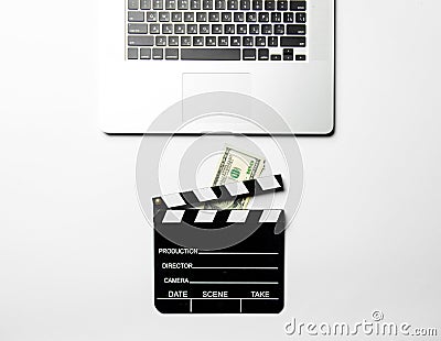 Slapstick, money and laptop Stock Photo