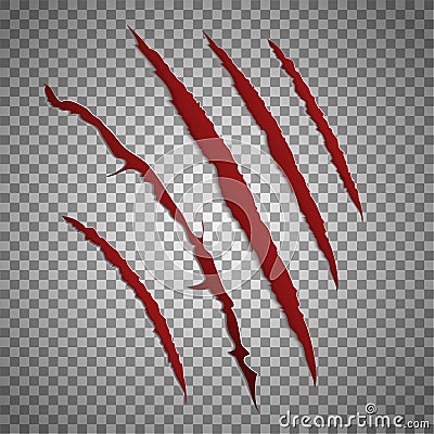 Slash scratch set on transparent background. Vector scratching beast red claw marks Cartoon Illustration