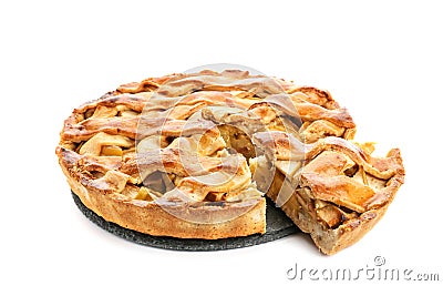Slate plate with piece of delicious apple pie on white background Stock Photo