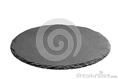 Slate plate on table. black slate stone isolated on white background. copy space Stock Photo