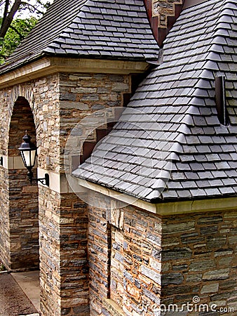 Slate roof with stone wall Stock Photo