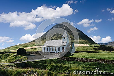 Slate Roofed Church of Viderejde on the Island of Vidoy, Faroe Islands Stock Photo