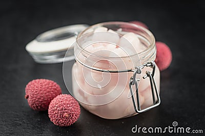 Slate slab with Preserved Lychees Stock Photo