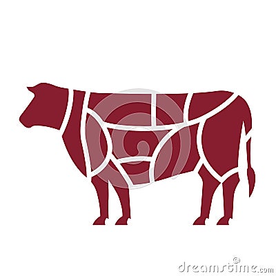 Slaughterhouse or butcher shop logo. Silhouette of cattle divided into parts Cartoon Illustration