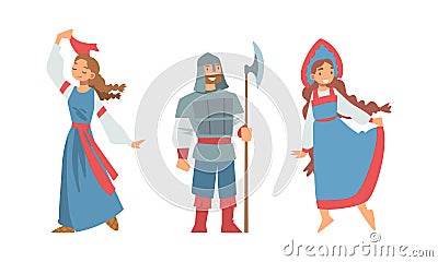 Slav or Slavonian Man and Woman Character in Ethnic Clothing Vector Set Stock Photo