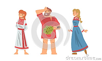 Slav or Slavonian Man and Woman Character in Ethnic Clothing Vector Set Stock Photo