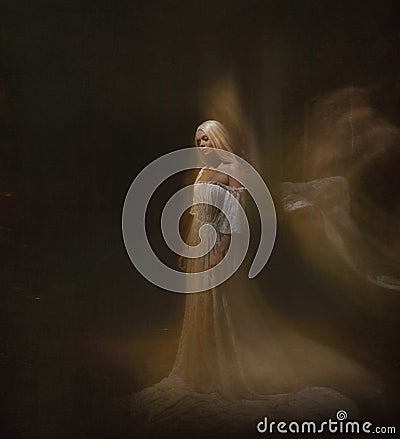 Slave, servant of darkness ... Queen albino. A blonde girl, like a ghost, in a white vintage dress, in a black room, a Stock Photo