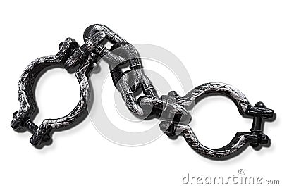 Slavery and bondage concept with strong steel shackles isolated on white background with a clip path cutout Stock Photo