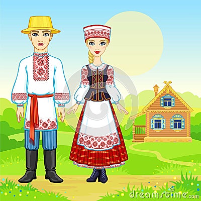Slavic beauty. Animation portrait of the Belarusian family in national clothes. Vector Illustration
