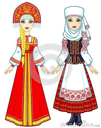 Slavic beauty. Animation portrait of the Russian and Belarusian girls in national suits. Vector Illustration