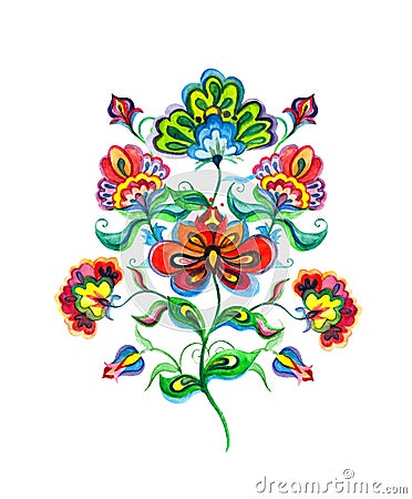 Slavic folk art flowers. Watercolor fairy motif - Eastern european hand crafted floral ornament Stock Photo