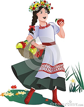 Slavic girl with a basket of fruits. Vector illustration. Vector Illustration