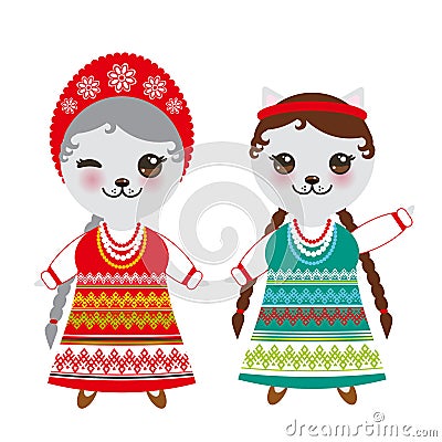 Slavic girl in green red sundress and white shirt with embroidery, hair braided two braids Kawaii cat in national costume. Cartoon Vector Illustration