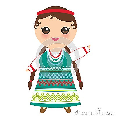 Slavic girl in a green sundress and white shirt with embroidery, hair braided two braids Kawaii child in national costume. Cartoon Vector Illustration