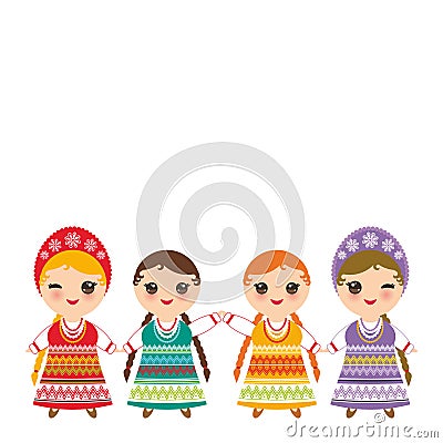 Slavic girl in Orange lilac green red sundress, white shirt with embroidery, hair braided two braids Kawaii child national costume Vector Illustration