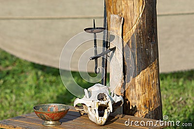 Slavonic pagan sanctuary with animal sculls Stock Photo
