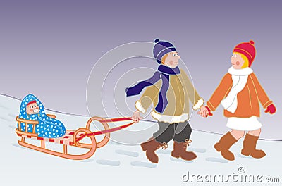Sledge and baby, father and mother on the trip, vector illustration Vector Illustration