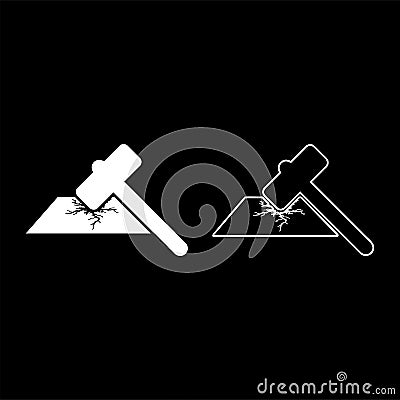 Sledge hammer breaks hard surface with formation of strong cracks icon outline set white color vector illustration flat style Vector Illustration