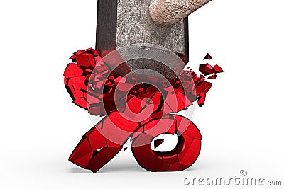 Sledgehammer smashing red percentage sign cracked, 3D rendering Cartoon Illustration