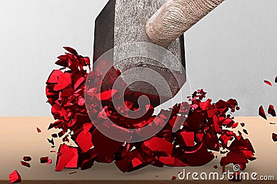 Sledgehammer smashing red percentage sign cracked Stock Photo
