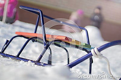 Sledges on the snow in the background children Stock Photo