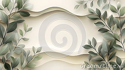 A sleek abstract background featuring leafy branches on a soft cream multi-layered wave backdrop. Generative AI Stock Photo