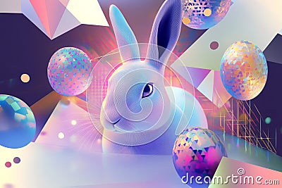 A sleek, abstract Easter Bunny surrounded by geometric patterns and glowing Easter eggs, creating a Stock Photo