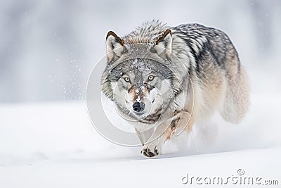 A sleek and agile Grey Wolf running through the snow, showing off its sleek and agile nature. Generative AI Stock Photo