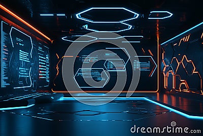 A sleek AI-driven workspace with floating hexagonal digital dashboards displaying futuristic Stock Photo