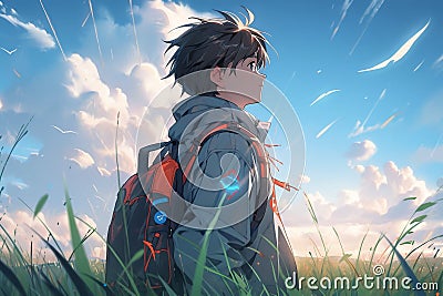 Sleek Anime Boy Admires The Sky In A Wide Field, Embracing Technological Advancements Stock Photo