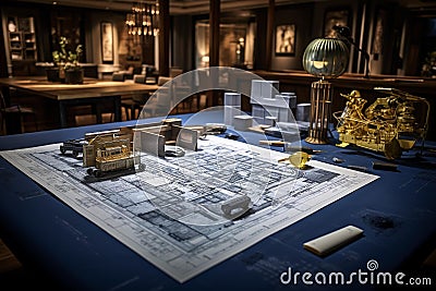 Sleek Architectural Blueprint on Polished Marble Table: Modern Design, Detailed Plans, and Serene Stock Photo