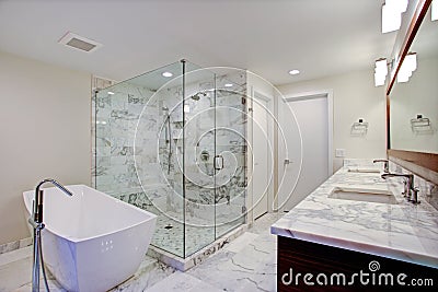 Sleek bathroom with freestanding bathtub and walk in shower Stock Photo