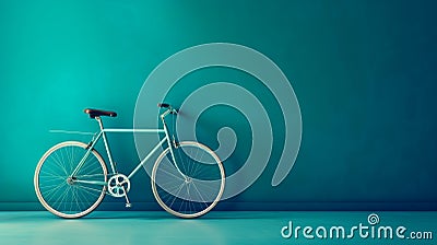 a sleek bicycle positioned against a solid, vibrant teal background. Stock Photo